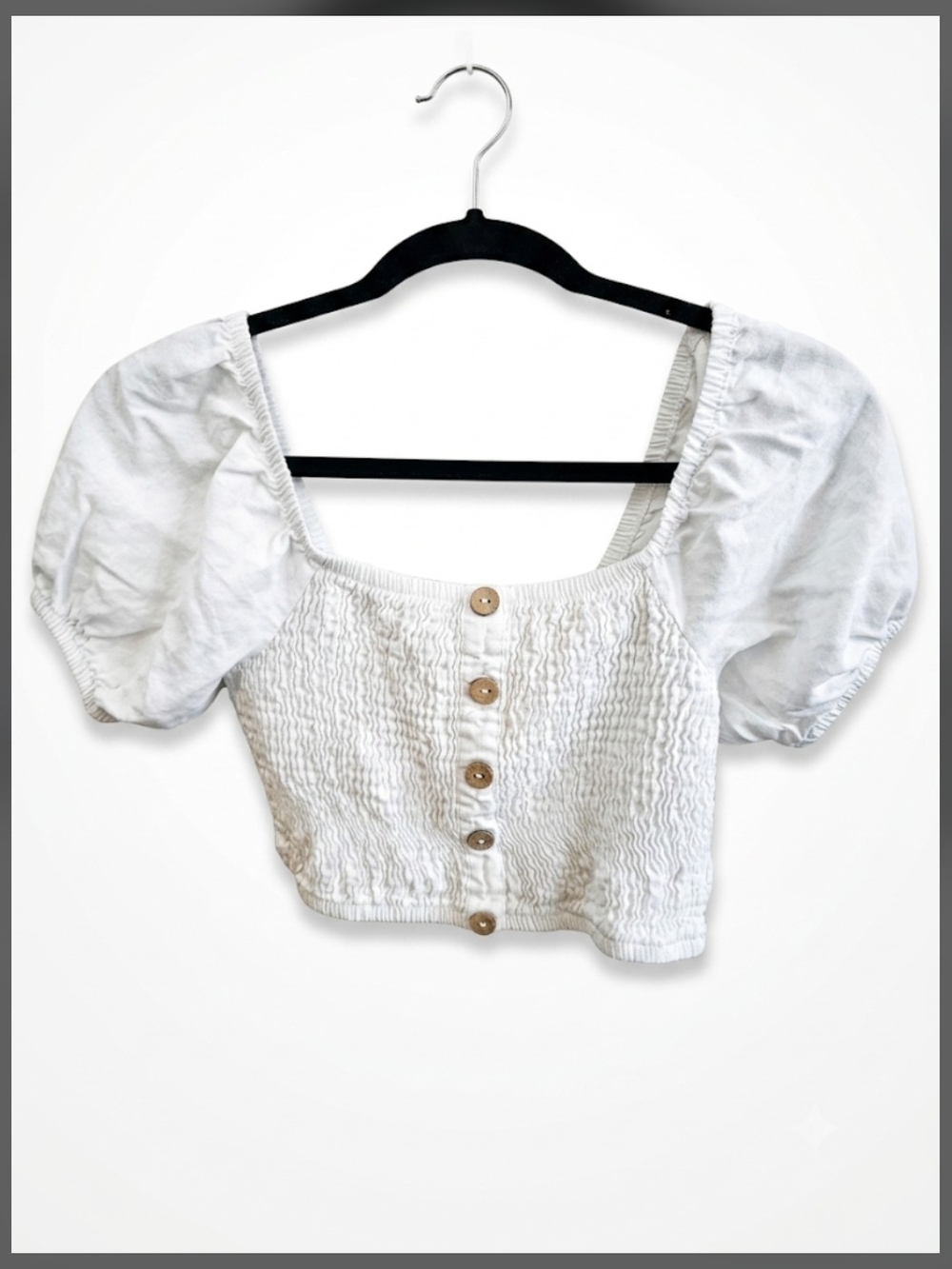 White Puff Sleeve Smocked Button-Front Crop Top